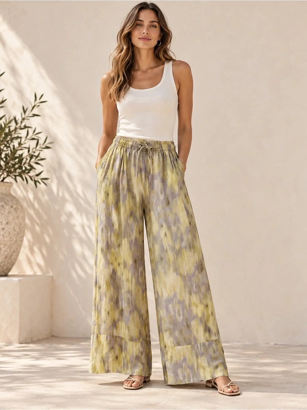 Zara ZW Collection Ramie Printed Palazzo Pants Ikat Wide Leg M resort pool vacat